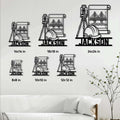 Civil engineering metal sign size guide showing six square size options in a staged wall decor setting