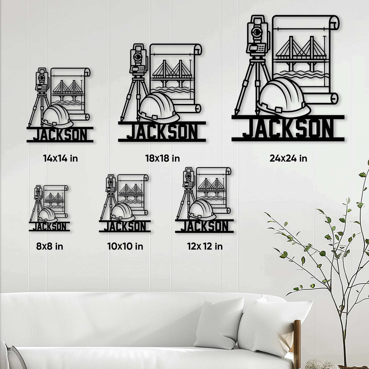 Civil engineering metal sign size guide showing six square size options in a staged wall decor setting