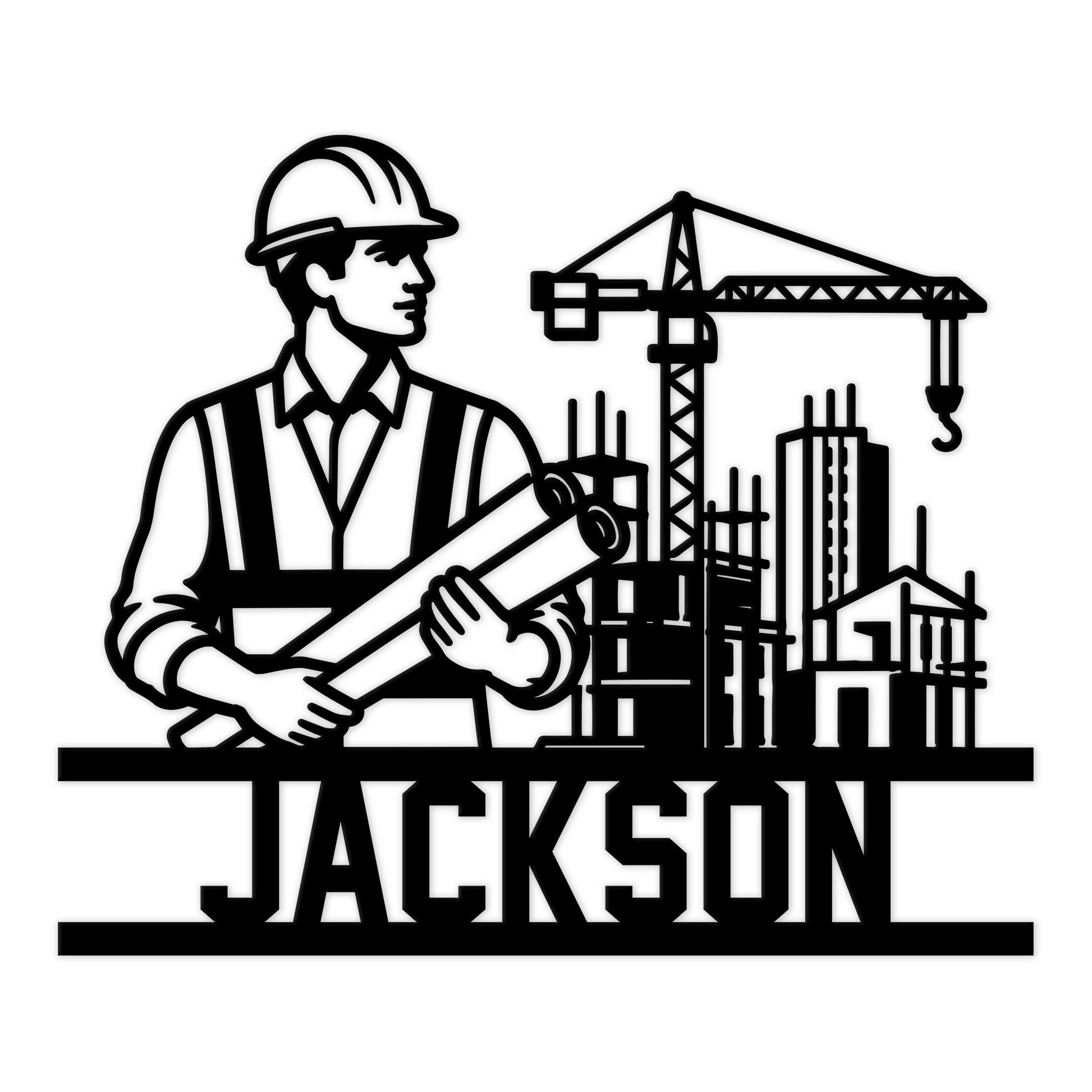 Civil engineer metal sign featuring a hard-hat engineer holding plans beside a construction crane and city skyline