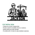 Civil engineering metal sign shown with a bold engineer and construction scene, alongside product feature information