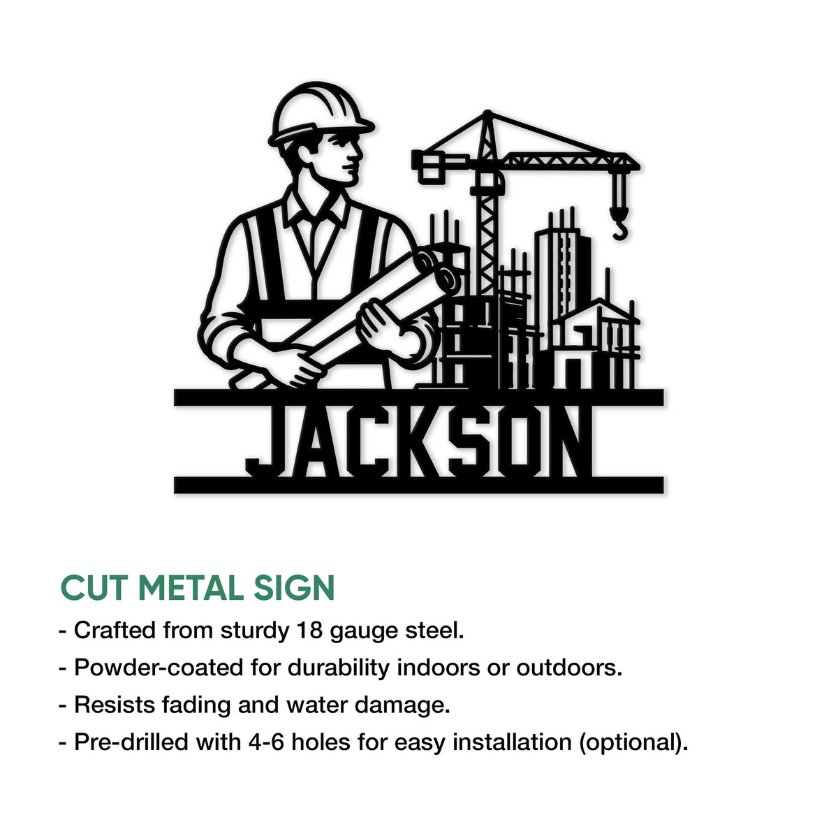 Civil engineering metal sign shown with a bold engineer and construction scene, alongside product feature information