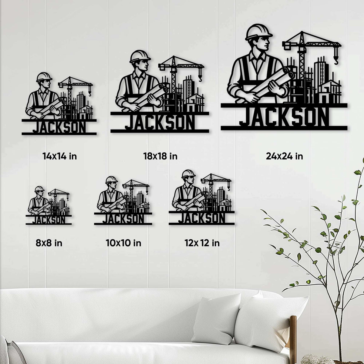 Civil engineering metal sign size guide showing six available square size options in a room setting