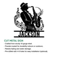 Saxophone metal sign feature graphic showing a jazz musician silhouette with flowing musical notes