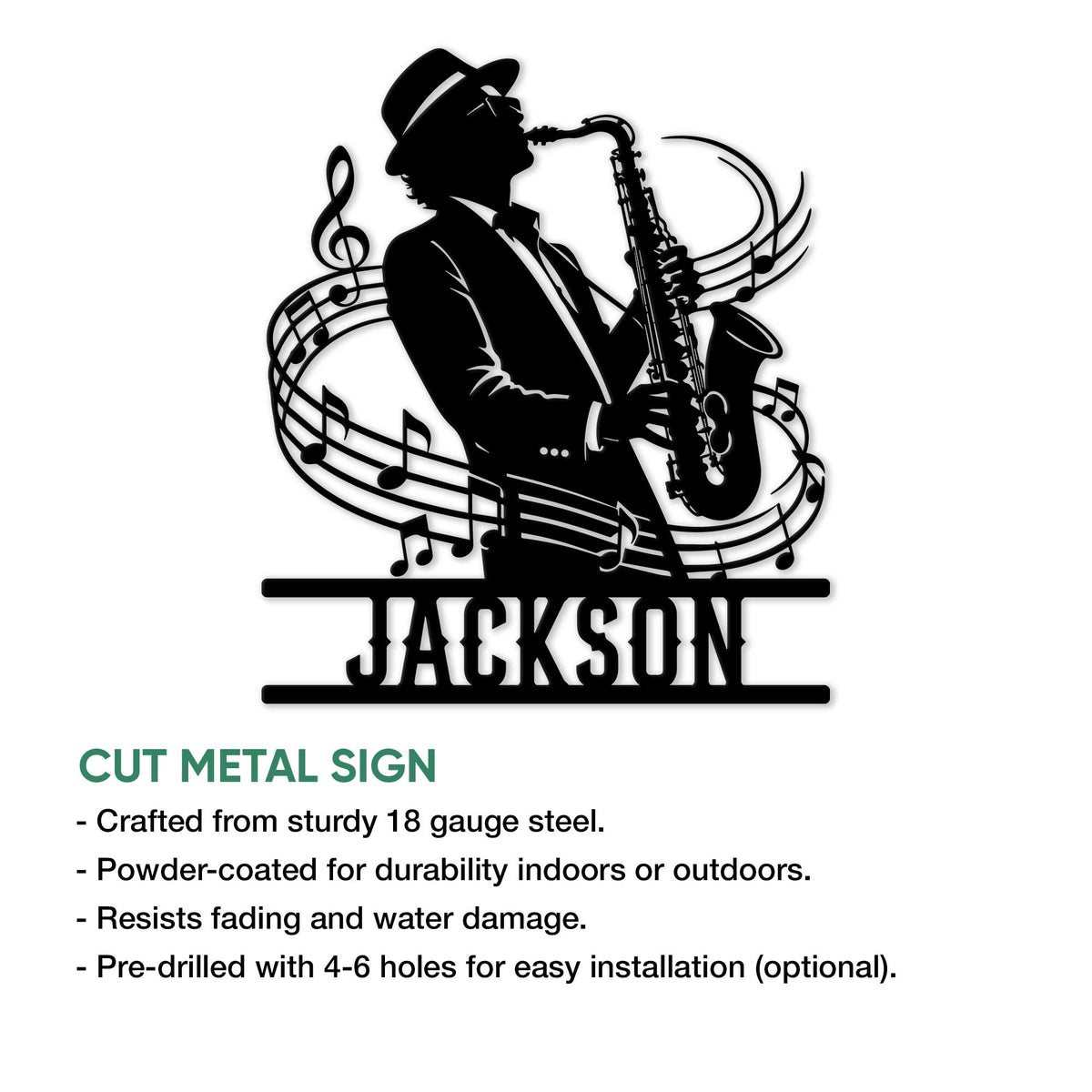Saxophone metal sign feature graphic showing a jazz musician silhouette with flowing musical notes