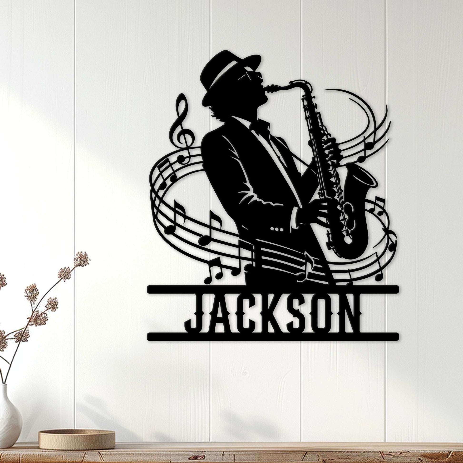 Jazz saxophonist metal wall sign displayed on a light wood-paneled wall in a home decor setting