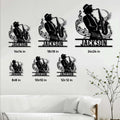 Saxophone wall sign shown in multiple size options above a living room sofa