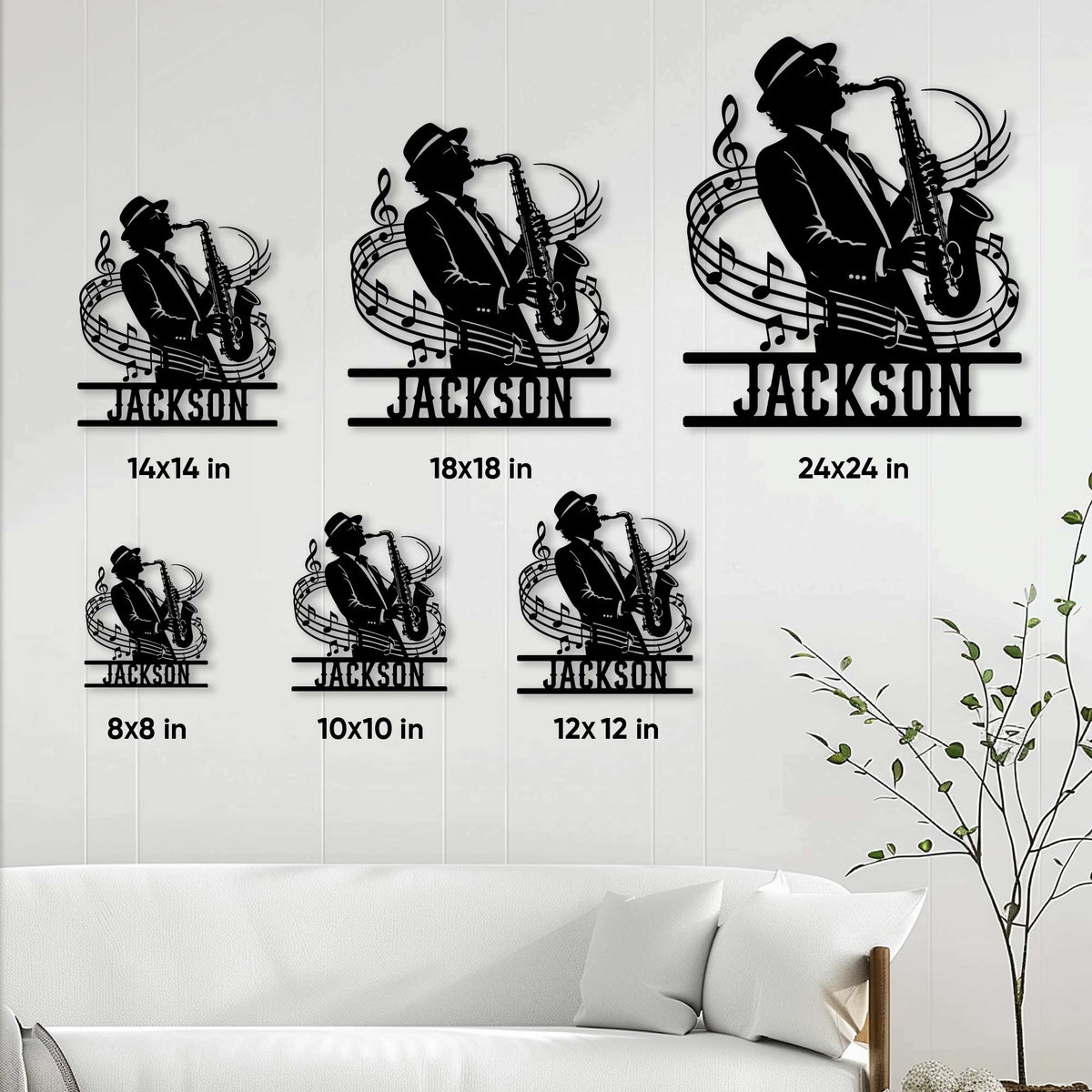 Saxophone wall sign shown in multiple size options above a living room sofa