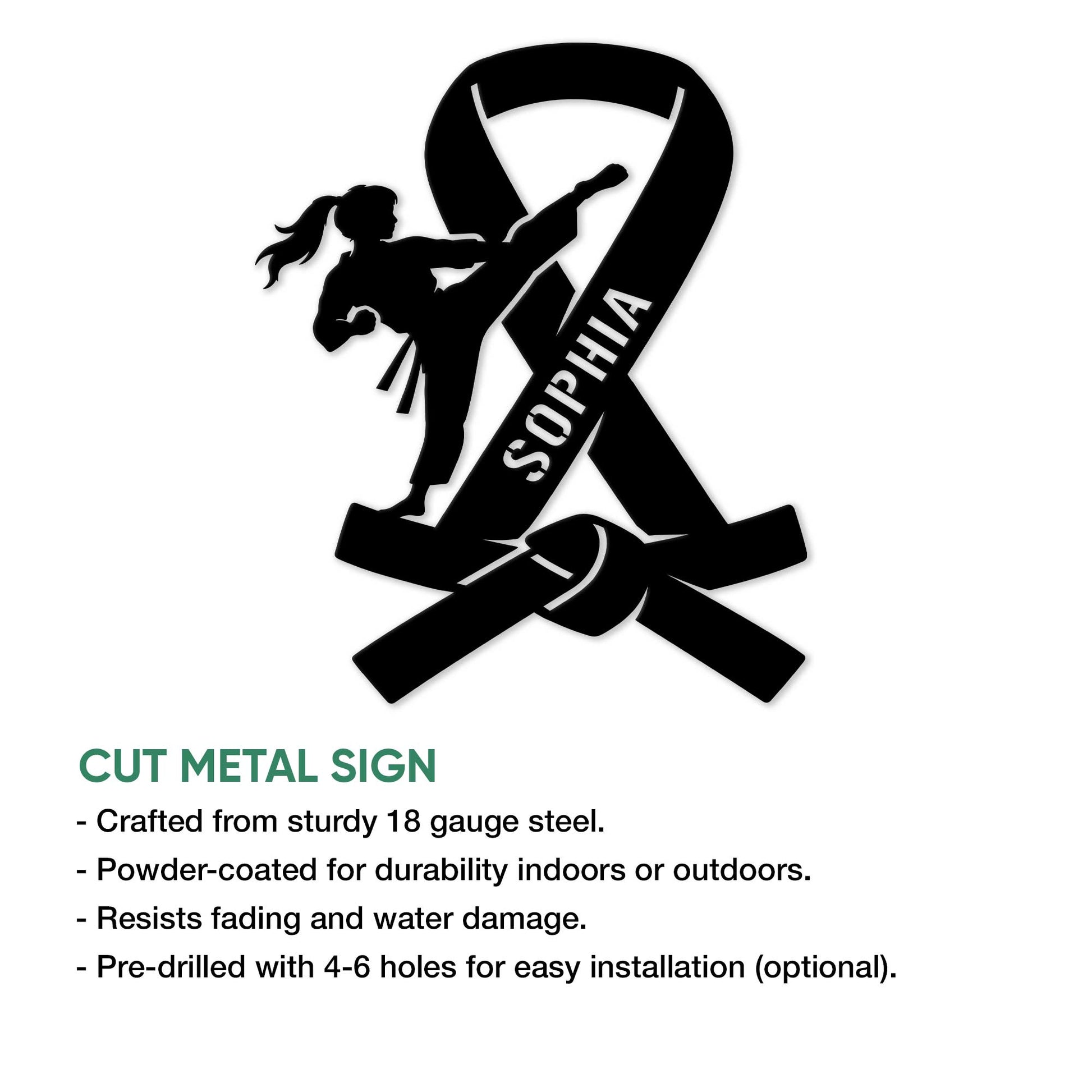 Karate wall sign with a female martial artist silhouette and crossed belt design