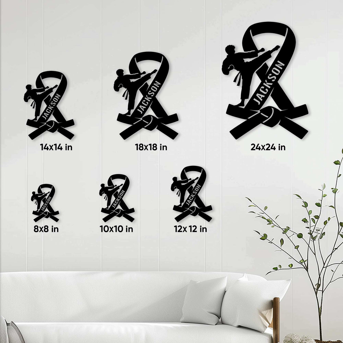 Karate sign size guide showing available square sizes from 8 by 8 to 24 by 24 inches