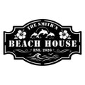 Custom beach house metal sign featuring dolphins, hibiscus flowers, ocean waves, and coastal scrollwork