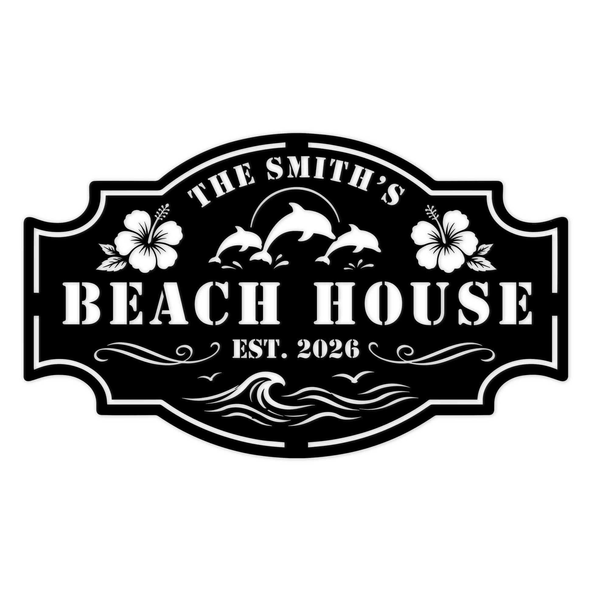 Custom beach house metal sign featuring dolphins, hibiscus flowers, ocean waves, and coastal scrollwork