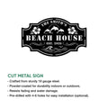 Beach house cut metal sign with dolphin artwork, tropical flowers, ocean waves, and decorative border