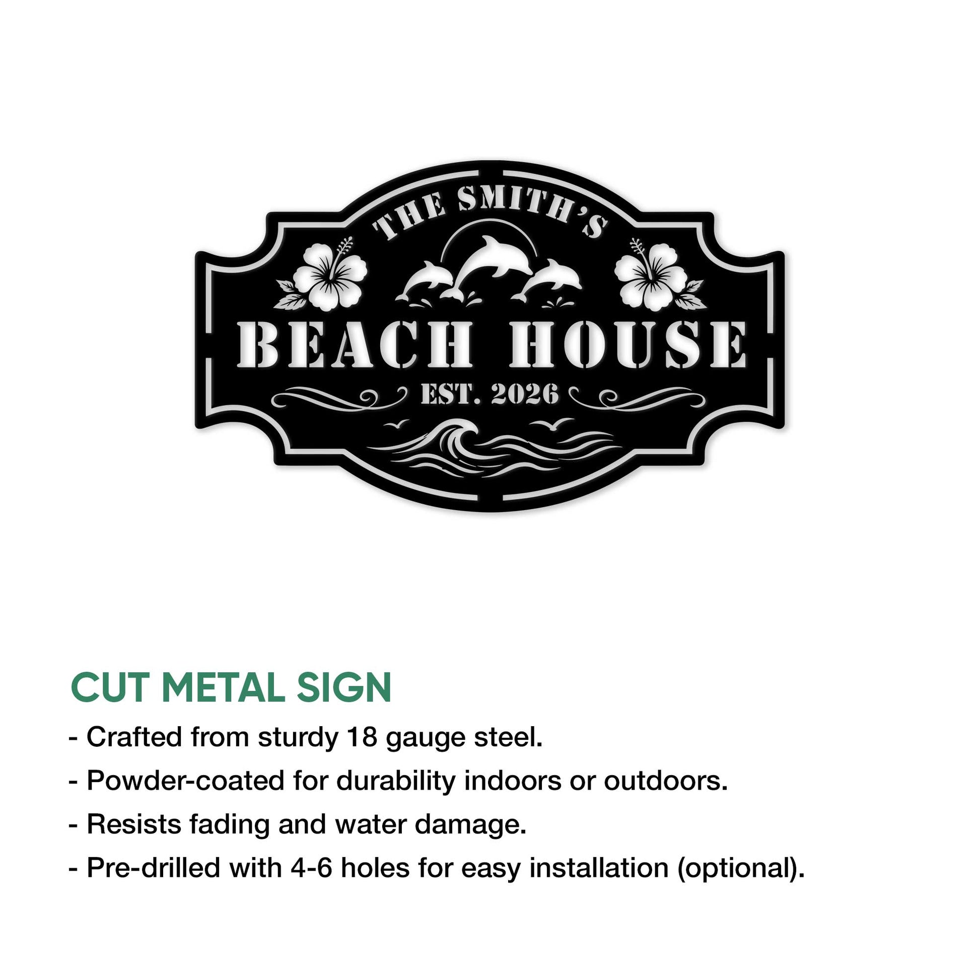 Beach house cut metal sign with dolphin artwork, tropical flowers, ocean waves, and decorative border