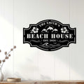 Black beach house wall sign displayed on white wood paneling in a coastal home setting