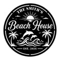Custom beach house metal sign with dolphins, palm trees, ocean waves, and a sunset design