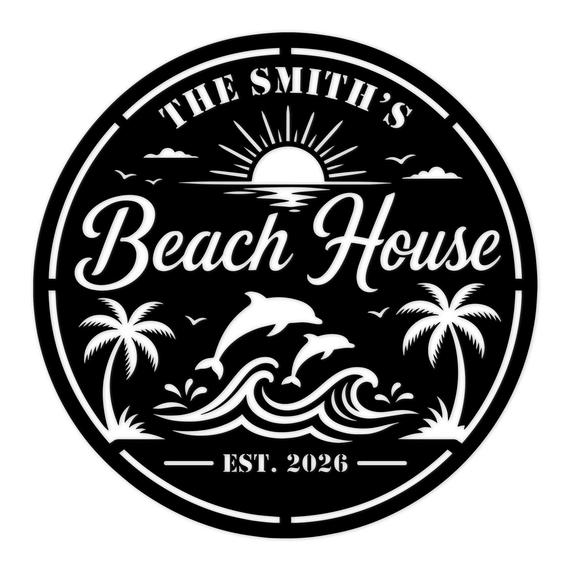 Custom beach house metal sign with dolphins, palm trees, ocean waves, and a sunset design
