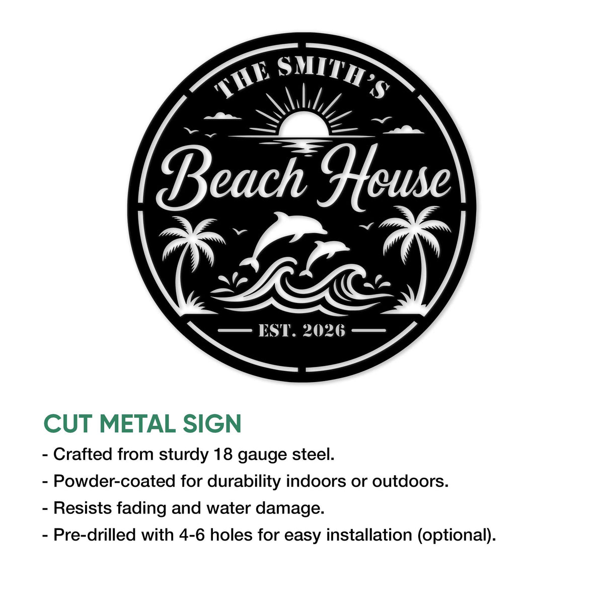 Beach house metal sign feature graphic showing a round coastal design with dolphins, palms, waves, and a sun