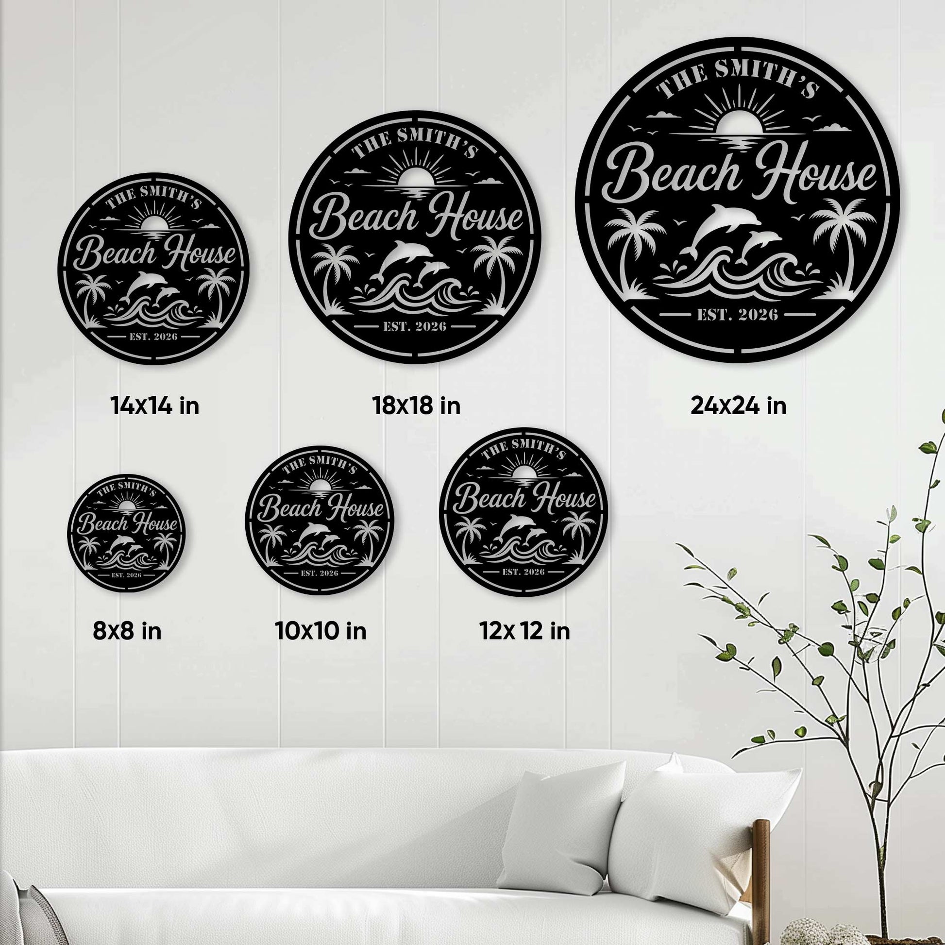 Beach house metal sign size guide showing circular sign options from 8 by 8 to 24 by 24 inches