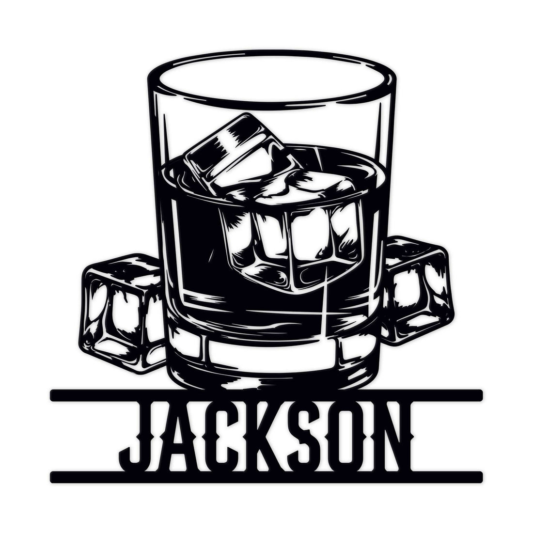 Bourbon metal sign featuring a rocks glass filled with whiskey and ice in bold black artwork