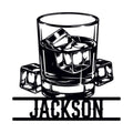 Bourbon metal sign featuring a rocks glass filled with whiskey and ice in bold black artwork