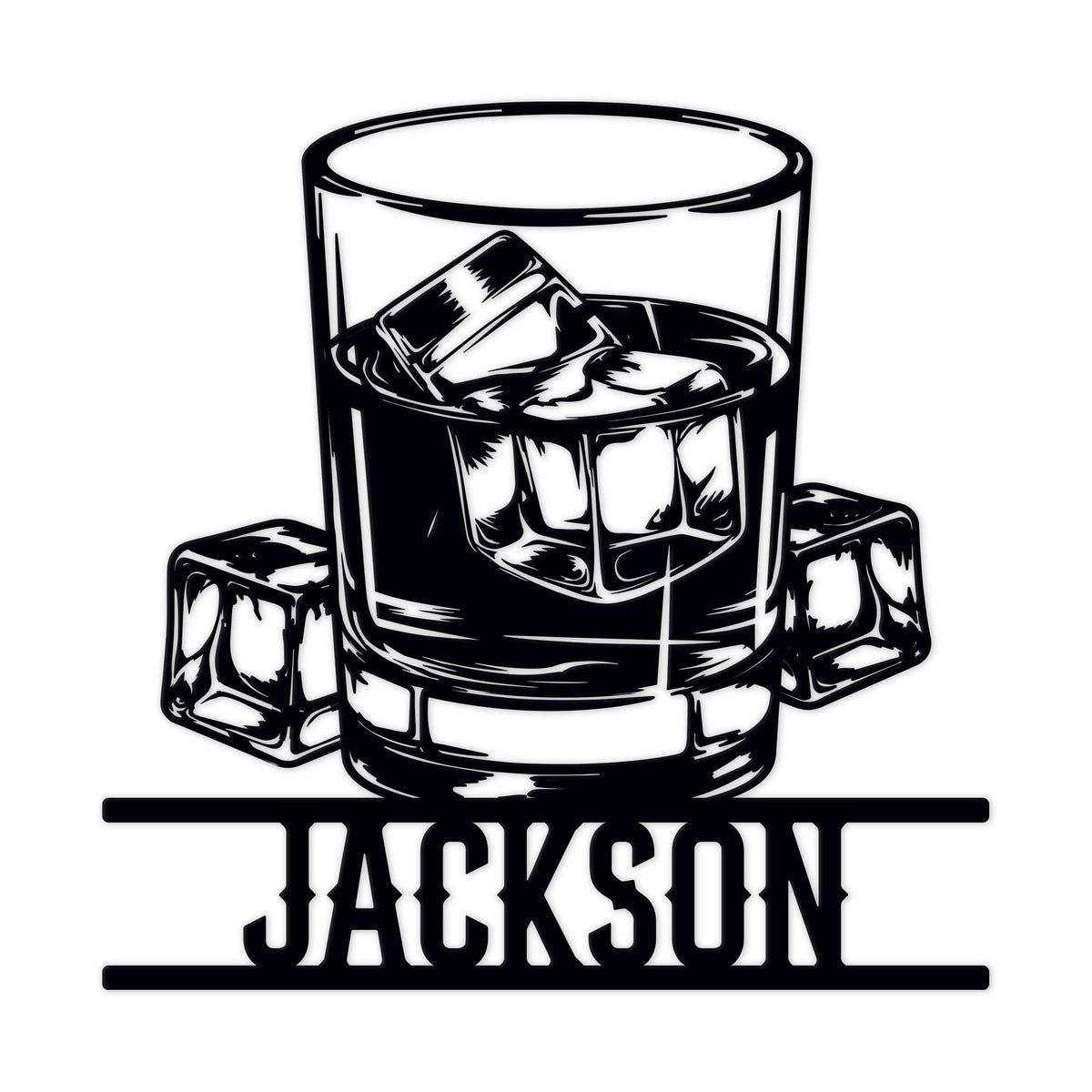 Bourbon metal sign featuring a rocks glass filled with whiskey and ice in bold black artwork