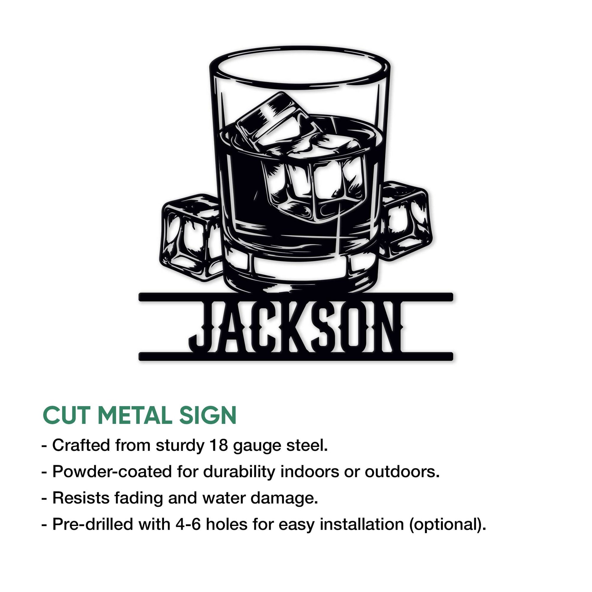 Bourbon metal sign product graphic showing the cut-metal design and indoor or outdoor display use