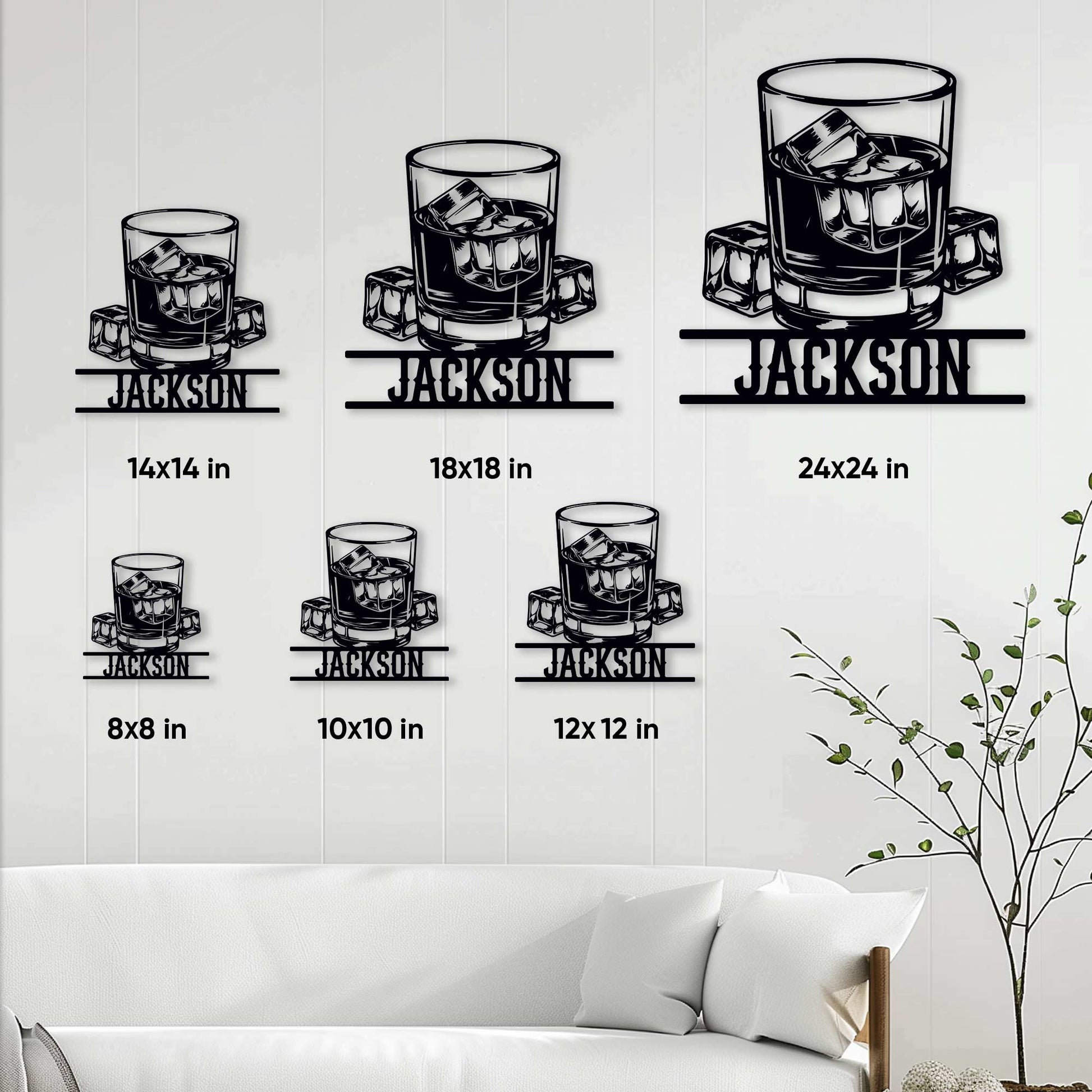 Bourbon metal sign size guide showing available square dimensions from 8 by 8 to 24 by 24 inches