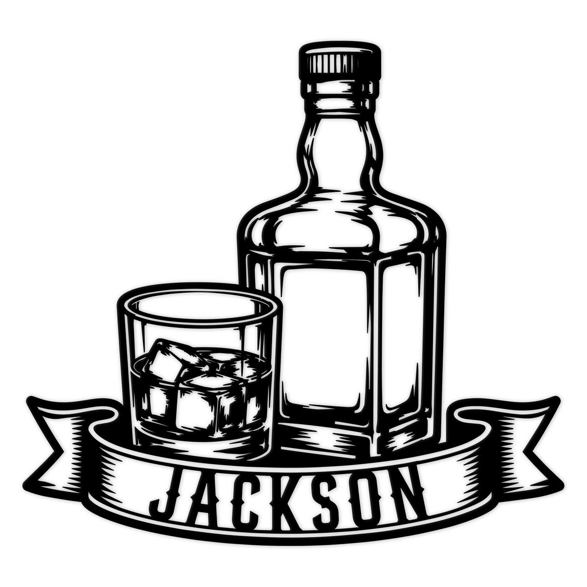 Bourbon metal sign featuring a bottle, rocks glass with ice, and a flowing banner design