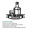 Bourbon bottle and whiskey glass metal sign shown with a cut metal sign feature guide