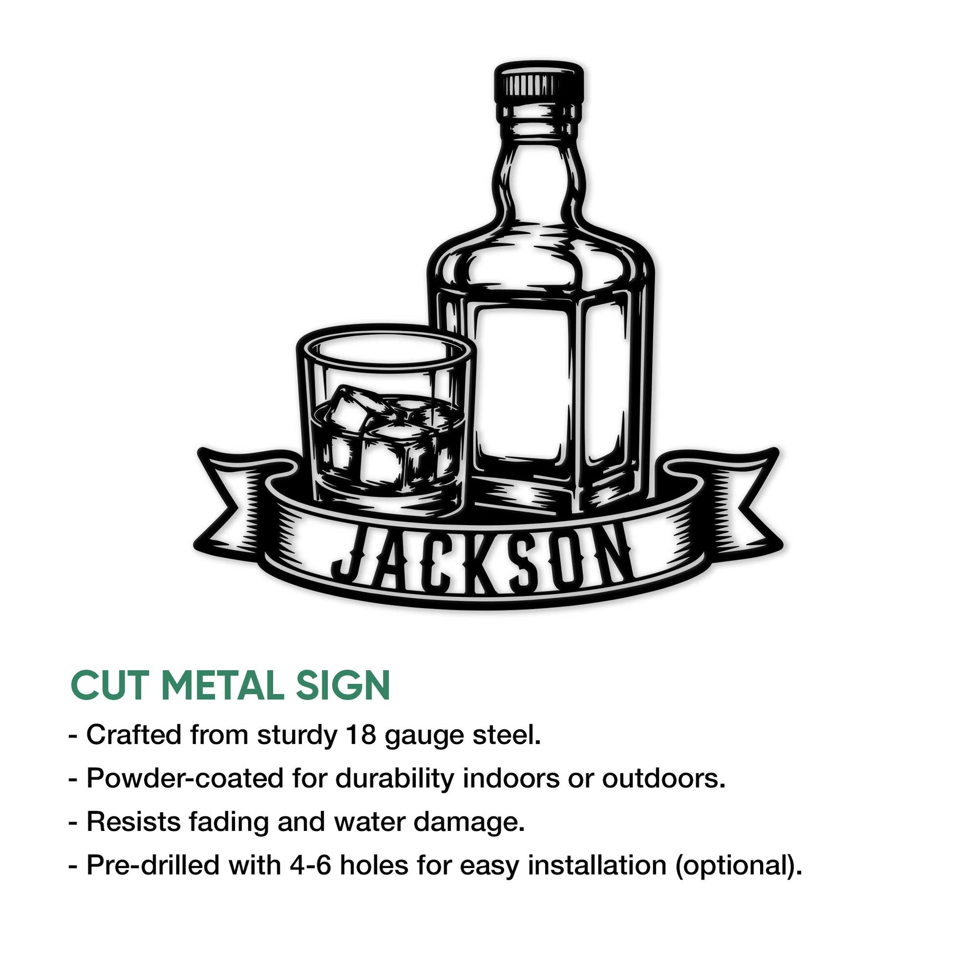 Bourbon bottle and whiskey glass metal sign shown with a cut metal sign feature guide