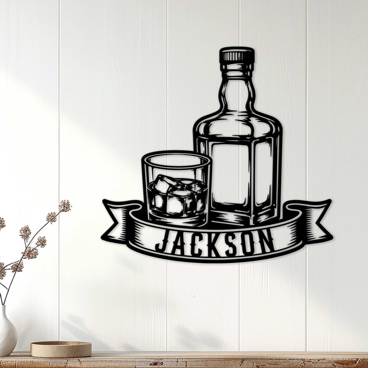 Bourbon wall sign displayed on a light wood-paneled wall in a home bar setting