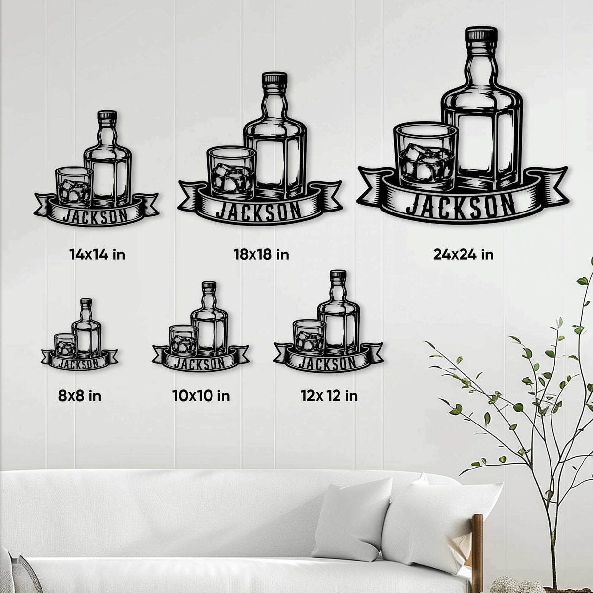 Bourbon metal sign size guide showing six available square size options in a room setting