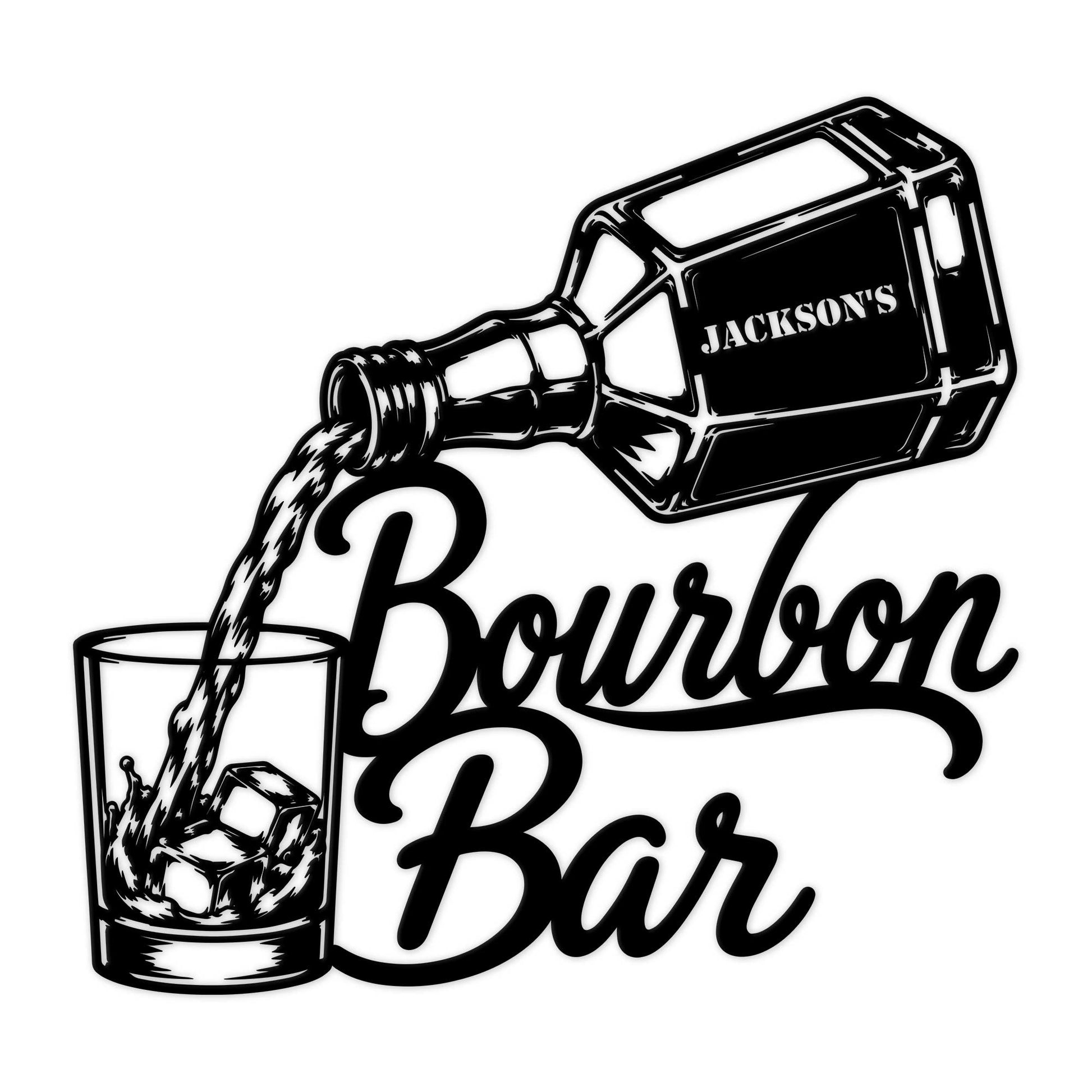 Custom bourbon bar metal sign featuring a pouring bottle, whiskey glass, ice cubes, and bold script artwork