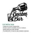 Bourbon bar metal sign feature graphic showing the bottle-and-glass design with product details below