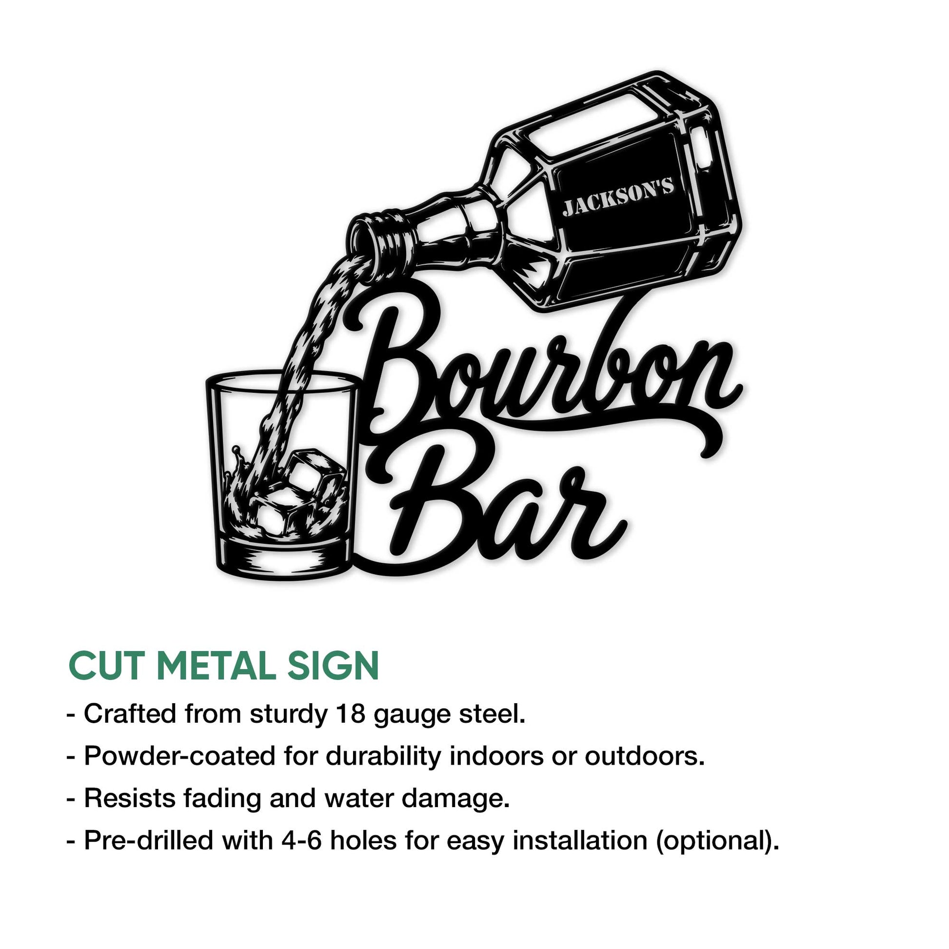 Bourbon bar metal sign feature graphic showing the bottle-and-glass design with product details below