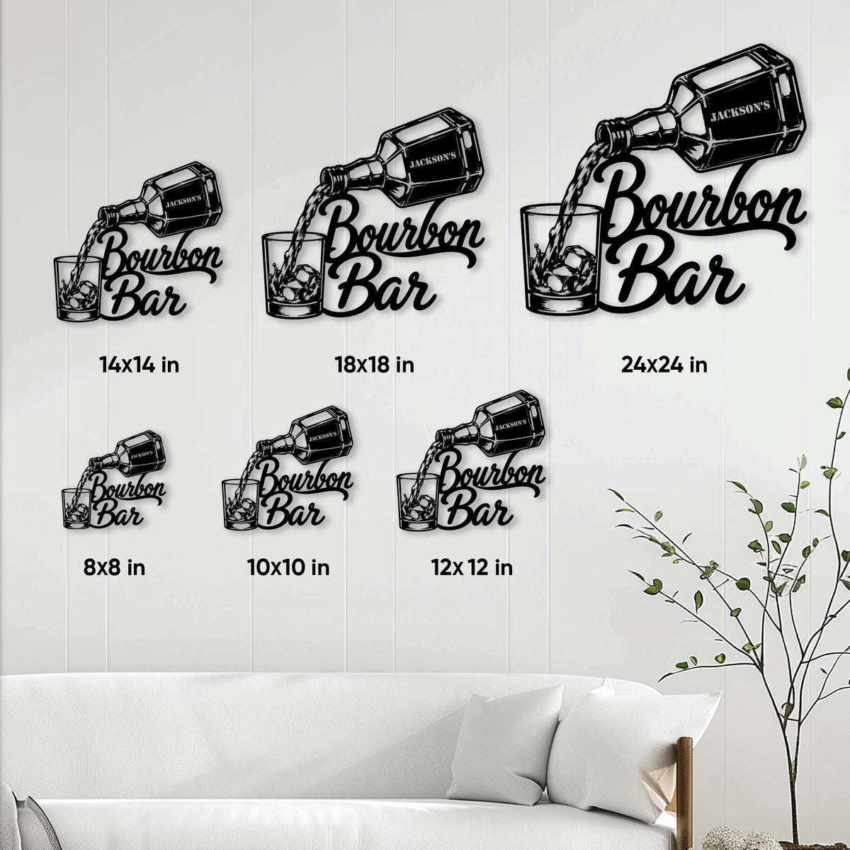 Bourbon bar metal sign size guide showing available square sizes from 8 by 8 to 24 by 24 inches