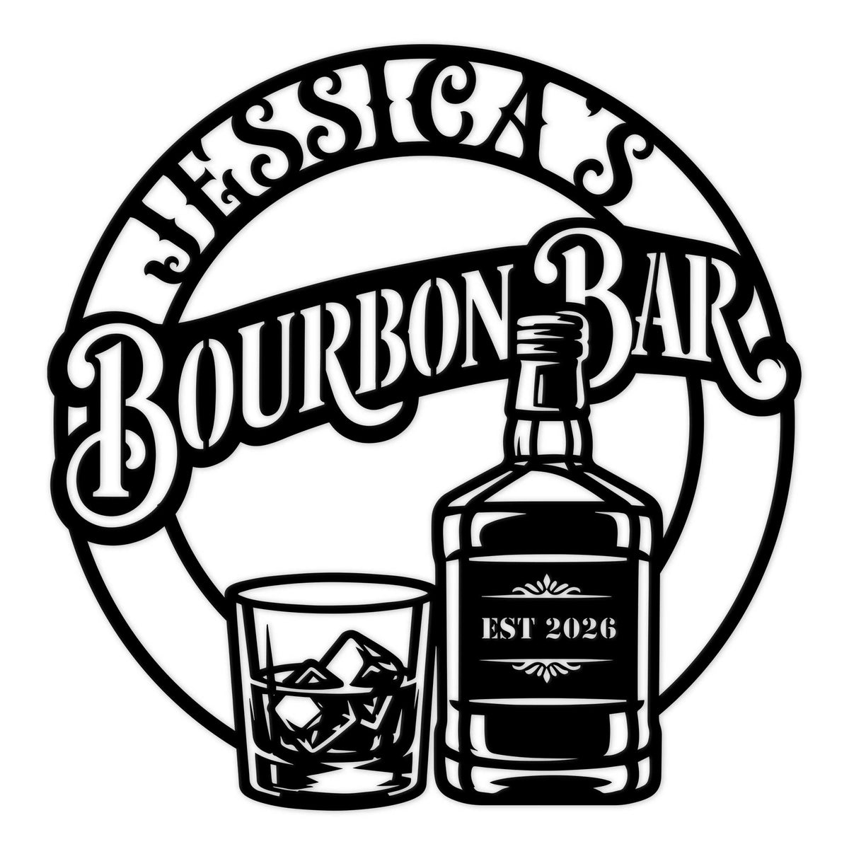 Bourbon bar metal sign featuring a whiskey bottle, rocks glass, and ornate circular lettering