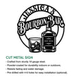 Cut metal bourbon bar sign shown with a whiskey bottle and rocks glass design