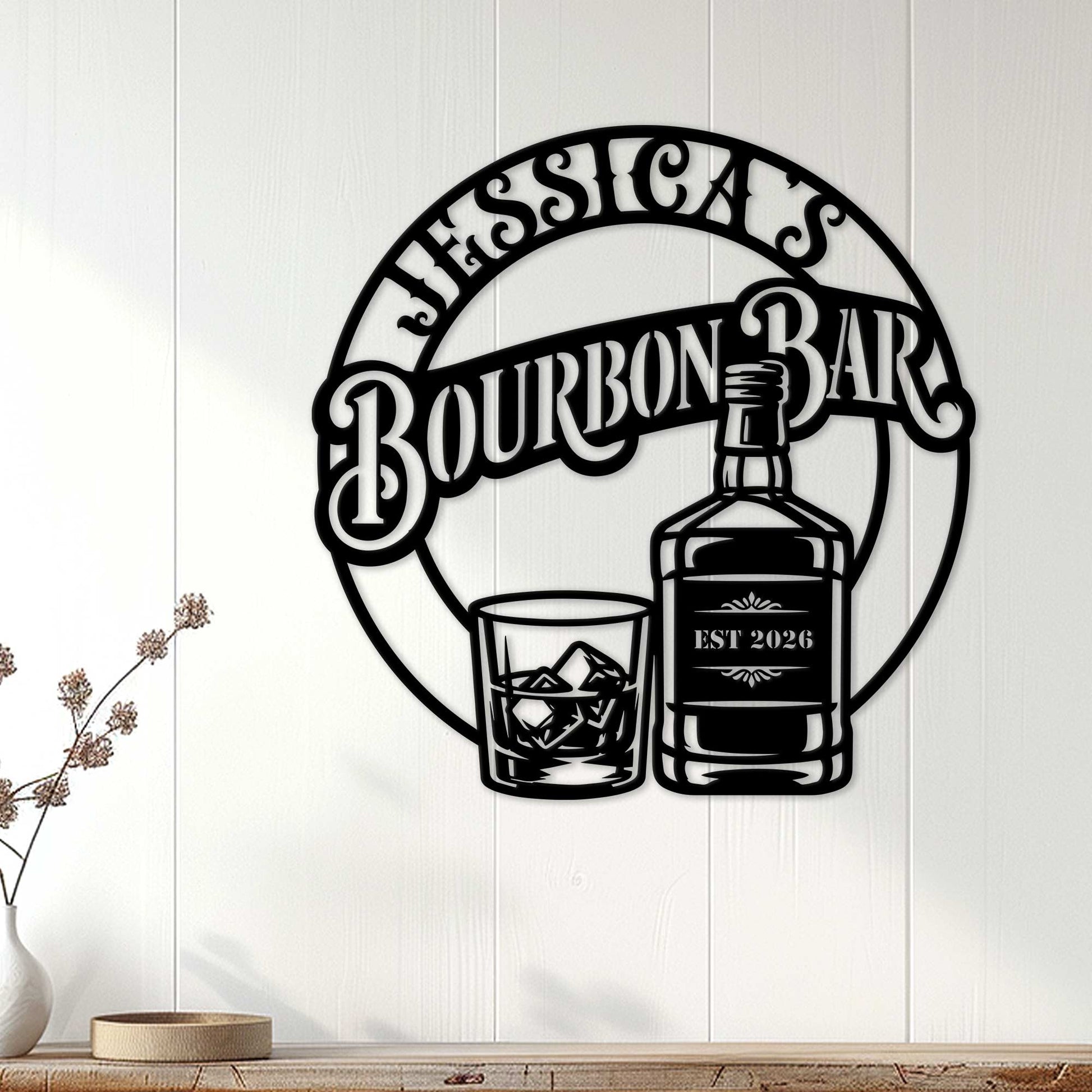 Bourbon bar wall sign displayed on white paneling as stylish home bar decor