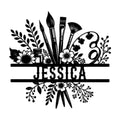 Artist metal sign featuring paint brushes, a palette, flowers, leafy branches, and a bold custom design