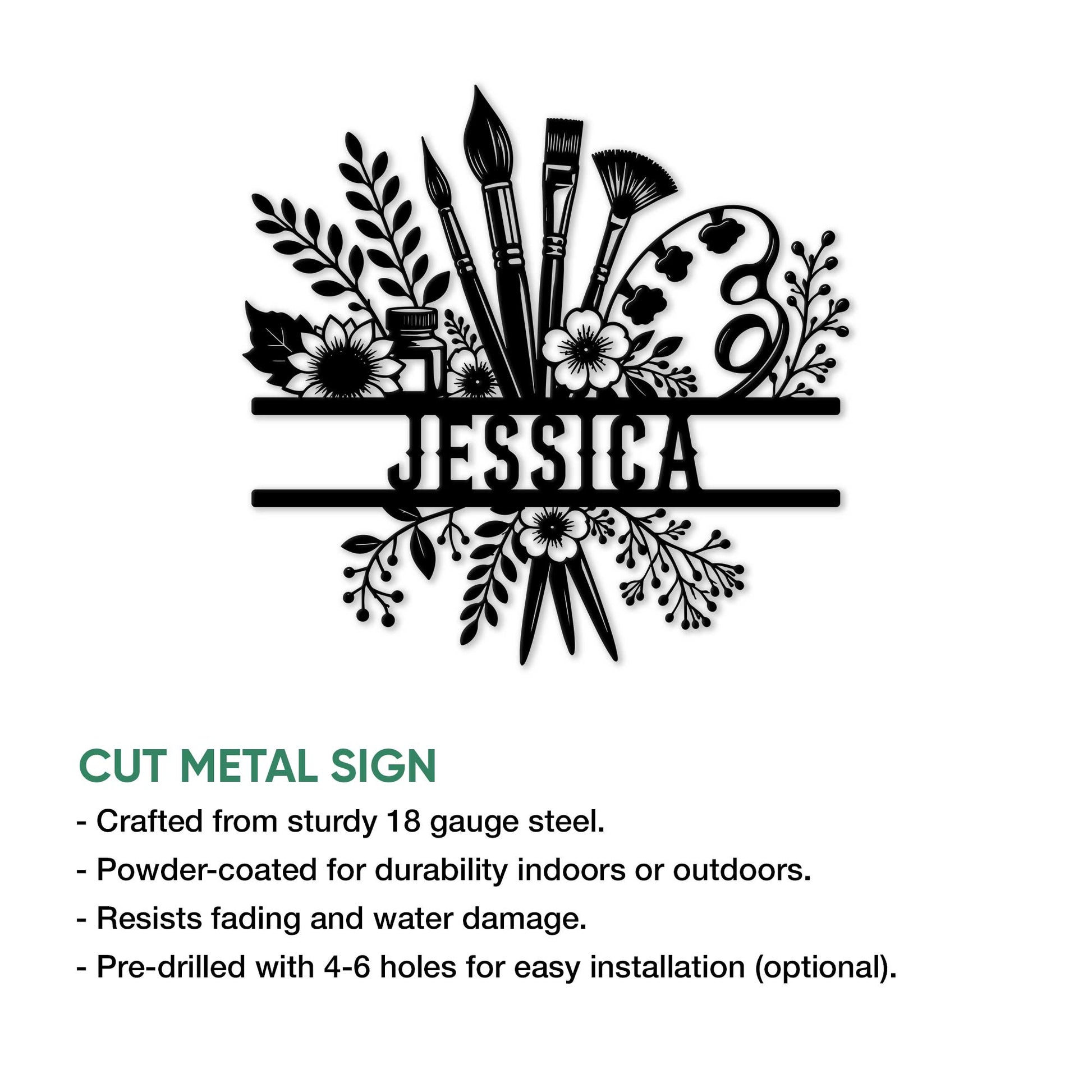 Painter metal sign with brushes, palette, floral accents, and a decorative cut metal sign presentation