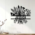 Artist wall decor displayed on a light wood-paneled wall above a console table