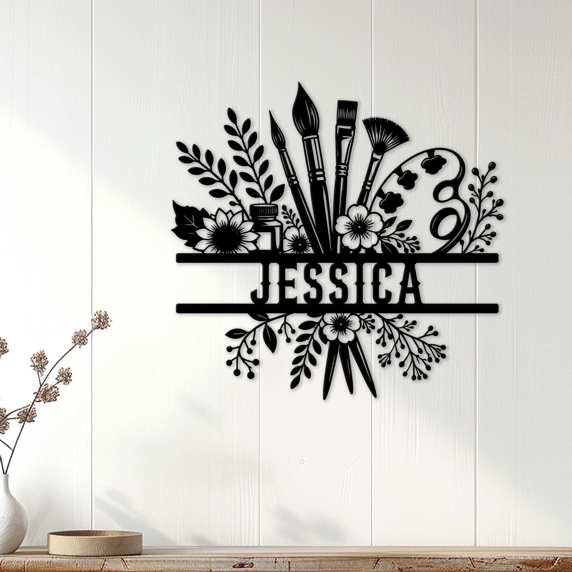 Artist wall decor displayed on a light wood-paneled wall above a console table