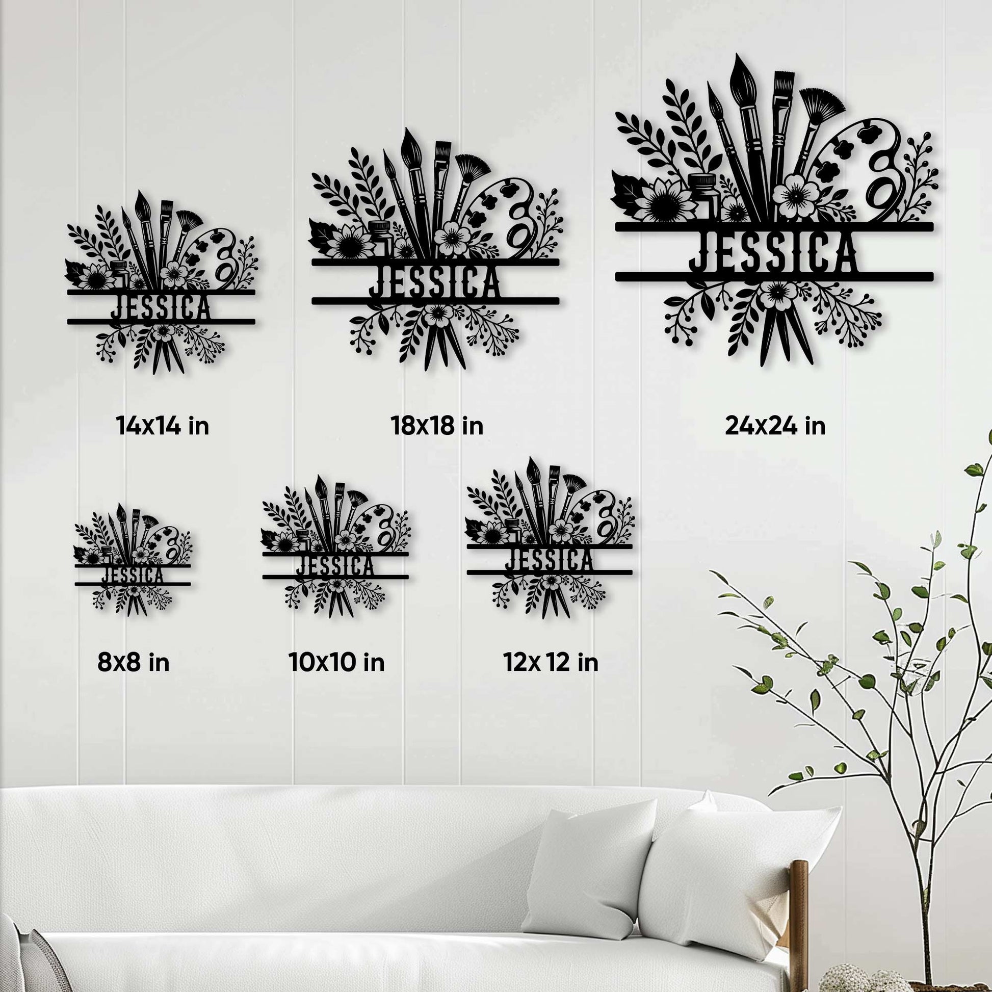 Artist metal sign size guide showing 8x8, 10x10, 12x12, 14x14, 18x18, and 24x24 inch options