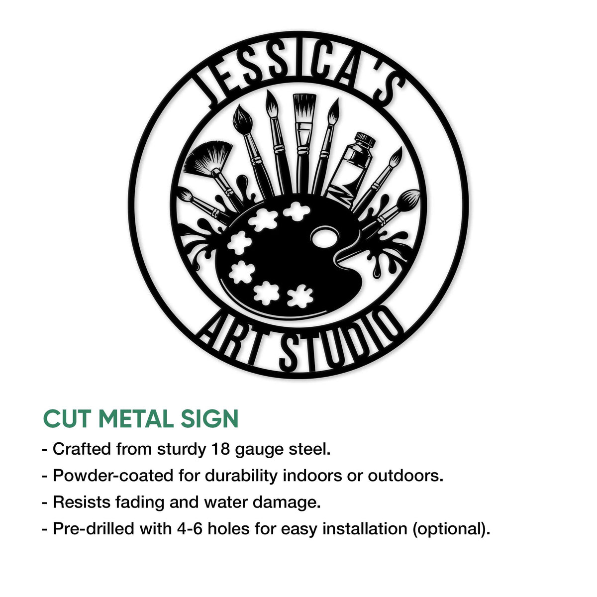 Cut metal artist sign shown with a paint palette, brushes, and art studio design details