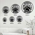 Artist metal sign size guide showing multiple circular size options in a room setting