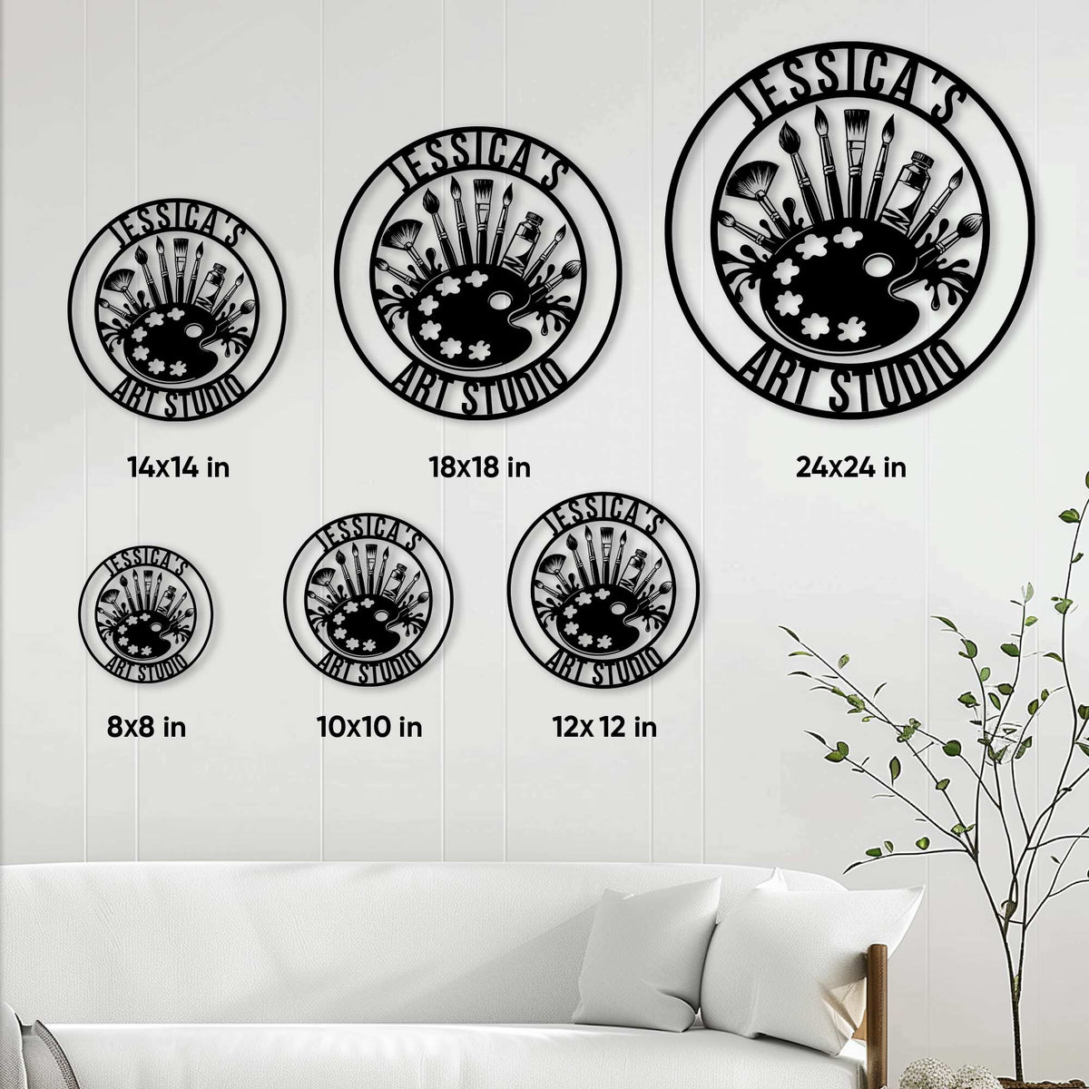 Artist metal sign size guide showing multiple circular size options in a room setting
