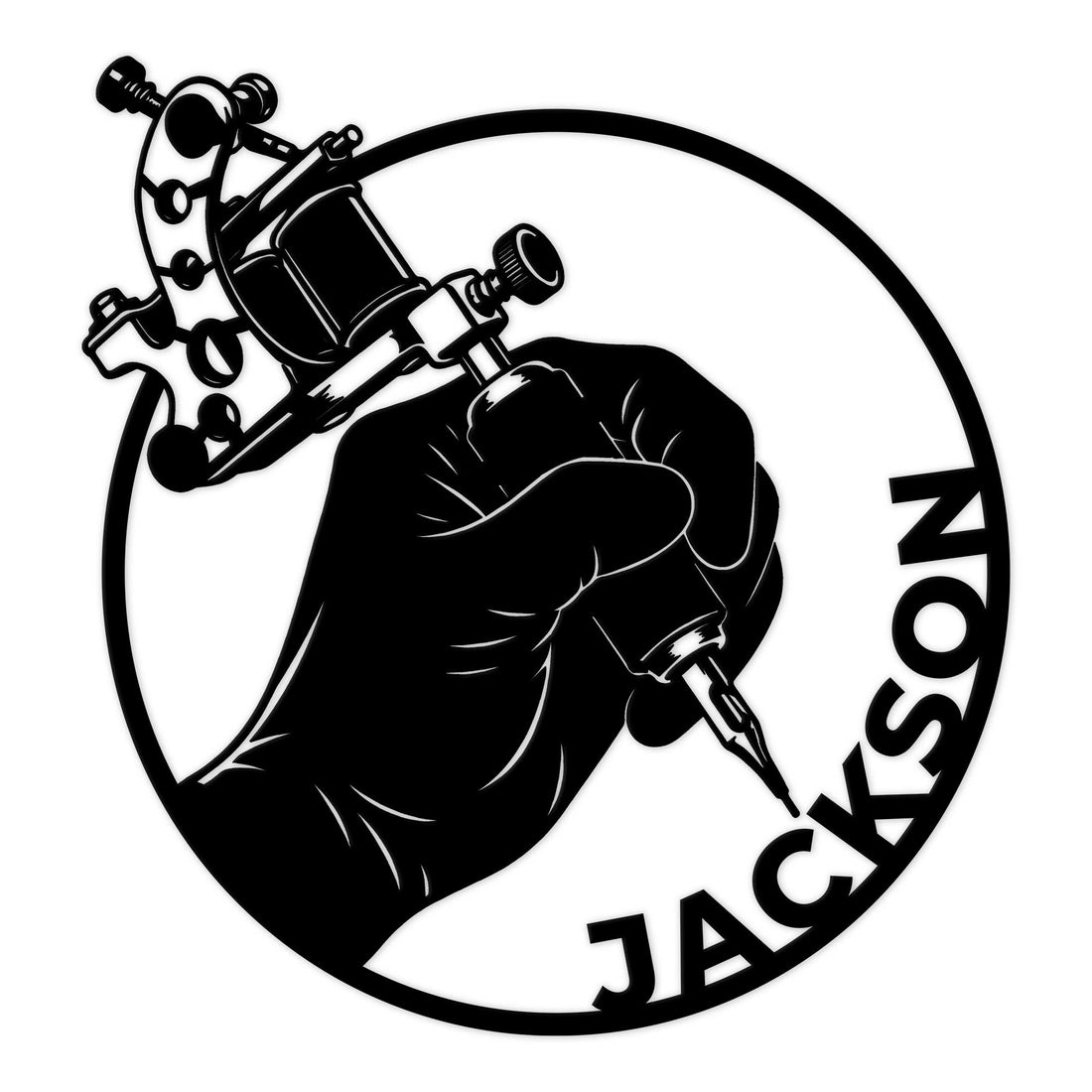 Tattoo artist metal sign featuring a bold black hand holding a tattoo machine inside a circular design