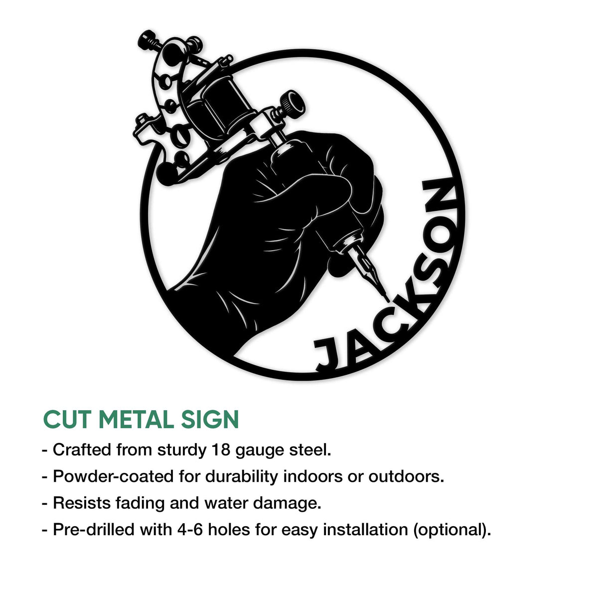 Cut metal sign artwork showing a tattooed hand using a tattoo machine in a bold circular emblem