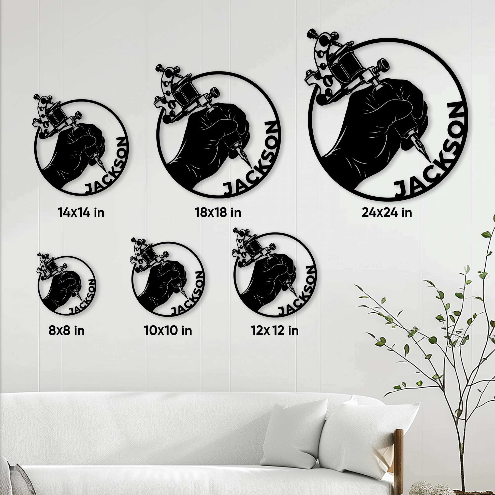 Tattoo artist metal sign size guide showing six available square size options in a room setting